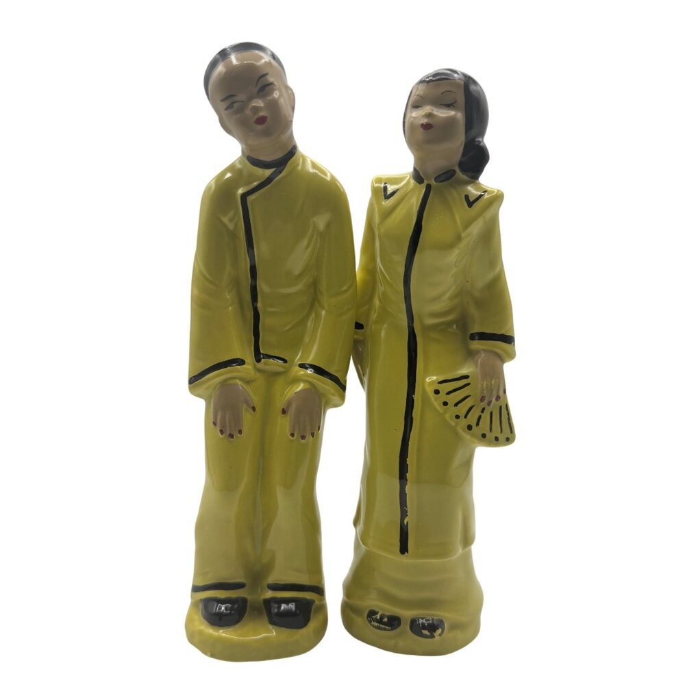 Vintage Asian-Inspired Yellow Ceramic Figurines Male & Female Pair Hand-Painted